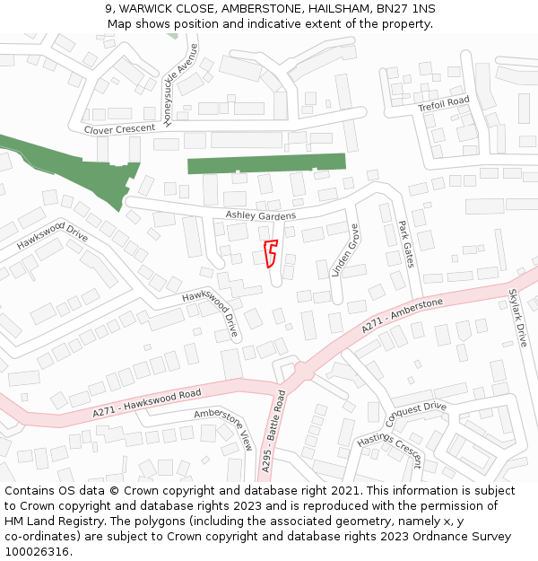 9, WARWICK CLOSE, AMBERSTONE, HAILSHAM, BN27 1NS: Location map and indicative extent of plot