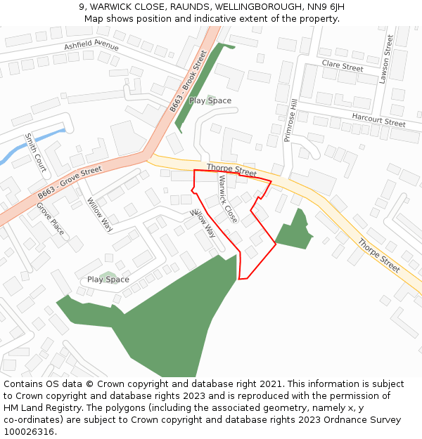 9, WARWICK CLOSE, RAUNDS, WELLINGBOROUGH, NN9 6JH: Location map and indicative extent of plot