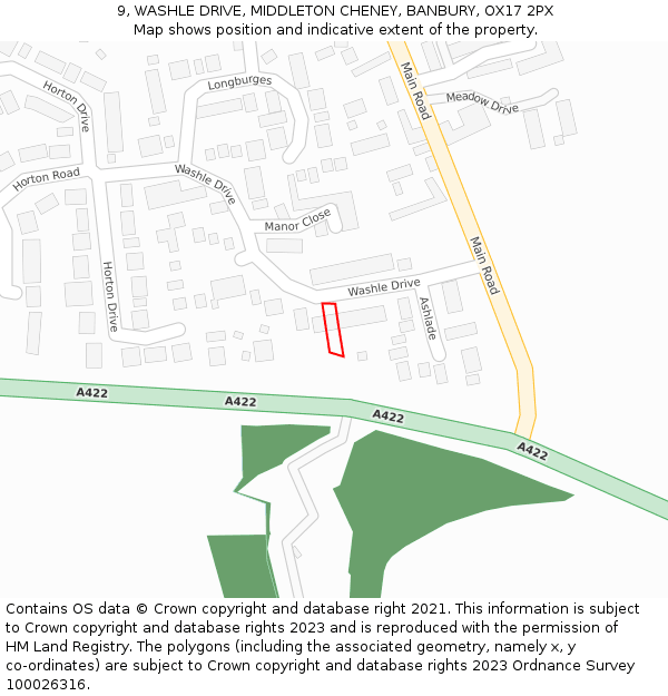 9, WASHLE DRIVE, MIDDLETON CHENEY, BANBURY, OX17 2PX: Location map and indicative extent of plot