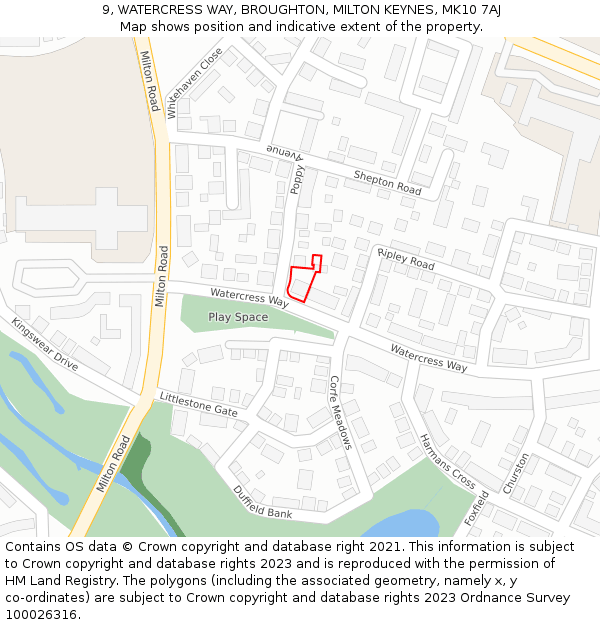 9, WATERCRESS WAY, BROUGHTON, MILTON KEYNES, MK10 7AJ: Location map and indicative extent of plot