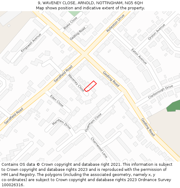 9, WAVENEY CLOSE, ARNOLD, NOTTINGHAM, NG5 6QH: Location map and indicative extent of plot