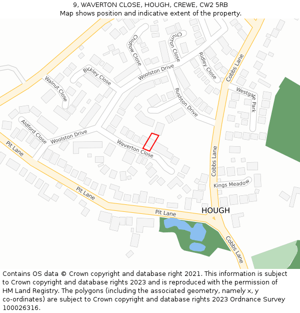 9, WAVERTON CLOSE, HOUGH, CREWE, CW2 5RB: Location map and indicative extent of plot