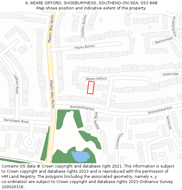 9, WEARE GIFFORD, SHOEBURYNESS, SOUTHEND-ON-SEA, SS3 8AB: Location map and indicative extent of plot