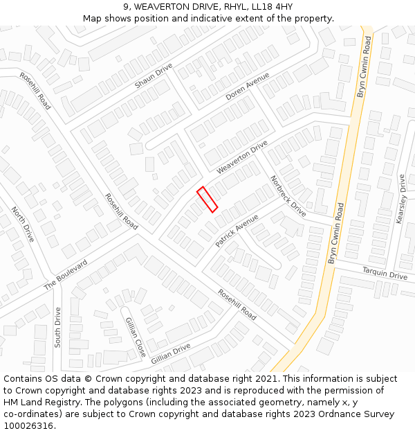 9, WEAVERTON DRIVE, RHYL, LL18 4HY: Location map and indicative extent of plot