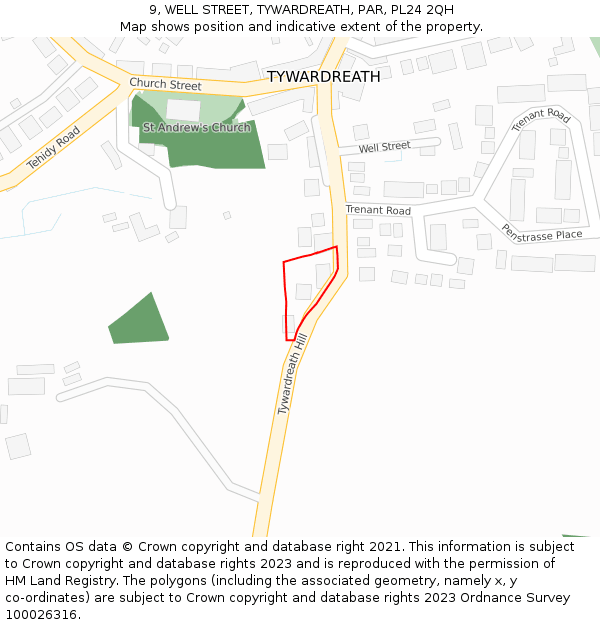 9, WELL STREET, TYWARDREATH, PAR, PL24 2QH: Location map and indicative extent of plot