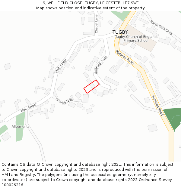 9, WELLFIELD CLOSE, TUGBY, LEICESTER, LE7 9WF: Location map and indicative extent of plot