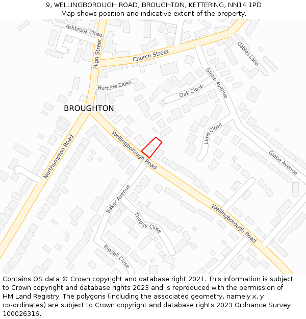 9, WELLINGBOROUGH ROAD, BROUGHTON, KETTERING, NN14 1PD: Location map and indicative extent of plot