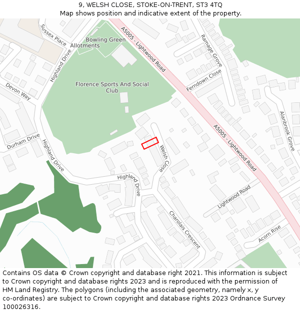 9, WELSH CLOSE, STOKE-ON-TRENT, ST3 4TQ: Location map and indicative extent of plot