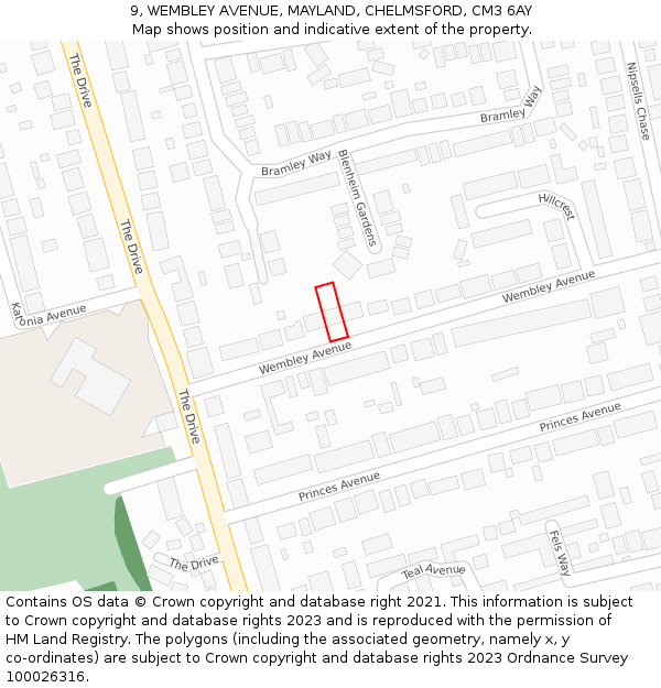 9, WEMBLEY AVENUE, MAYLAND, CHELMSFORD, CM3 6AY: Location map and indicative extent of plot