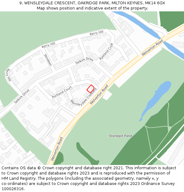 9, WENSLEYDALE CRESCENT, OAKRIDGE PARK, MILTON KEYNES, MK14 6GX: Location map and indicative extent of plot