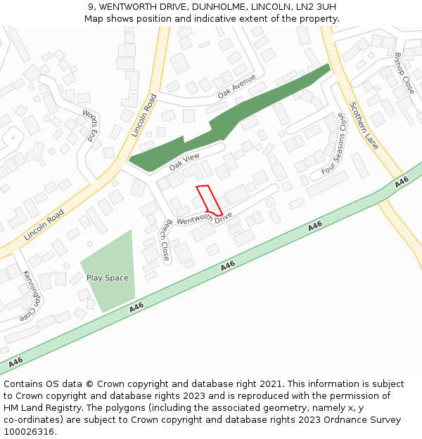 9, WENTWORTH DRIVE, DUNHOLME, LINCOLN, LN2 3UH: Location map and indicative extent of plot