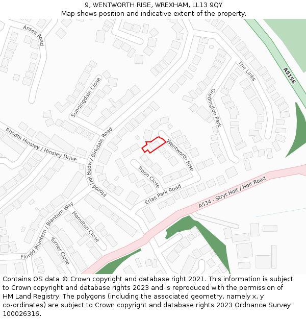 9, WENTWORTH RISE, WREXHAM, LL13 9QY: Location map and indicative extent of plot