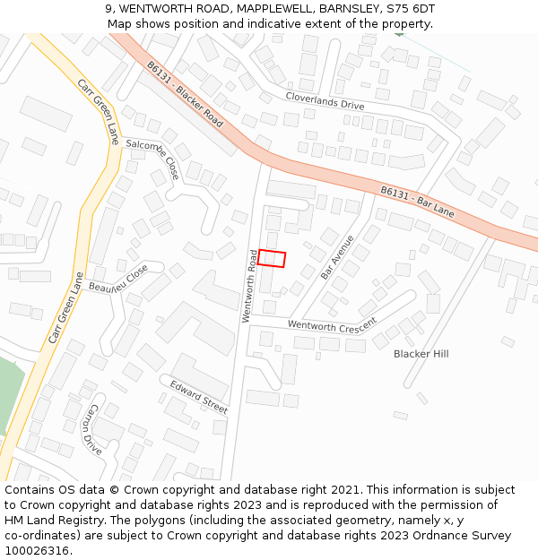 9, WENTWORTH ROAD, MAPPLEWELL, BARNSLEY, S75 6DT: Location map and indicative extent of plot