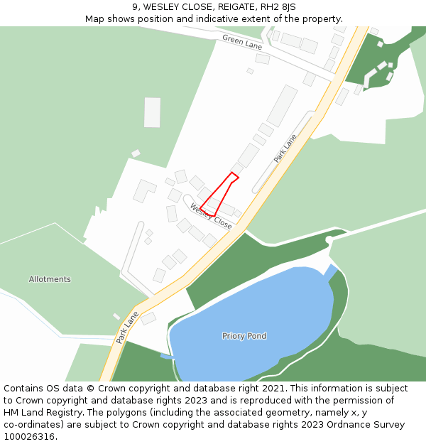 9, WESLEY CLOSE, REIGATE, RH2 8JS: Location map and indicative extent of plot