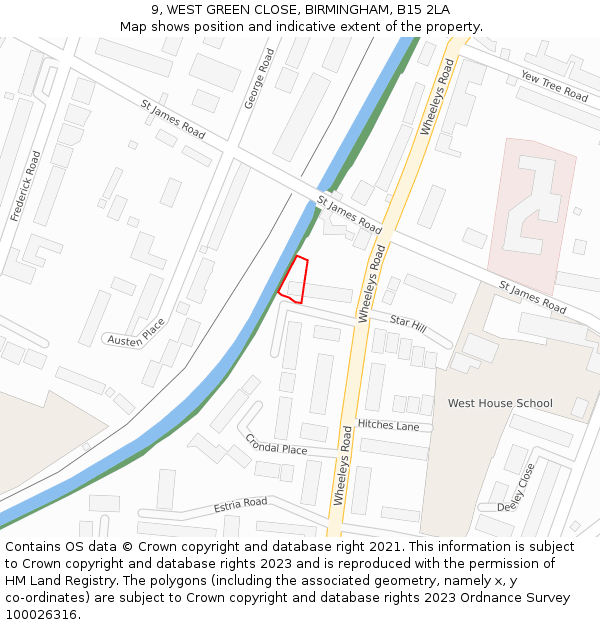 9, WEST GREEN CLOSE, BIRMINGHAM, B15 2LA: Location map and indicative extent of plot