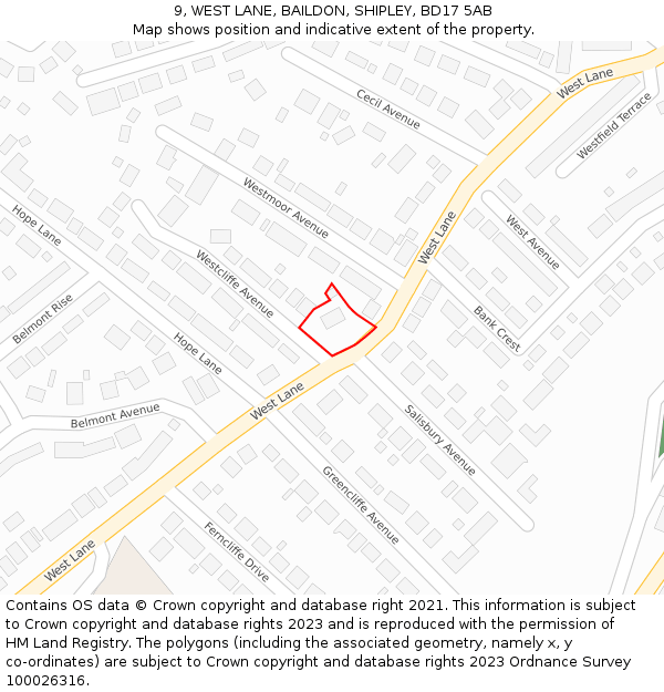 9, WEST LANE, BAILDON, SHIPLEY, BD17 5AB: Location map and indicative extent of plot