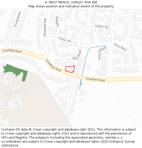 9, WEST MEADS, HORLEY, RH6 9AF: Location map and indicative extent of plot