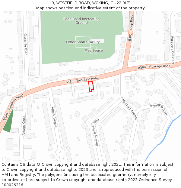 9, WESTFIELD ROAD, WOKING, GU22 9LZ: Location map and indicative extent of plot