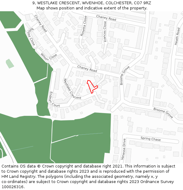 9, WESTLAKE CRESCENT, WIVENHOE, COLCHESTER, CO7 9RZ: Location map and indicative extent of plot