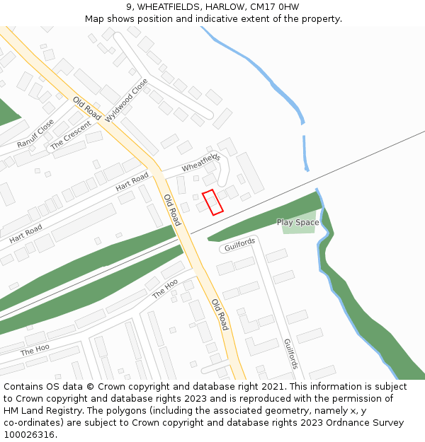 9, WHEATFIELDS, HARLOW, CM17 0HW: Location map and indicative extent of plot