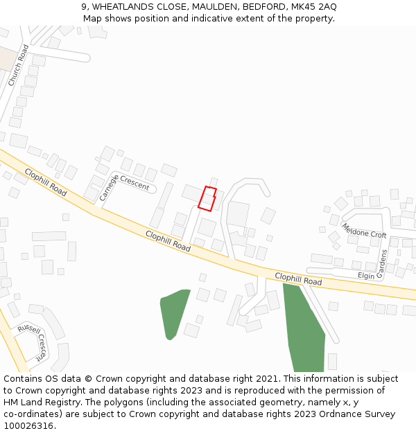 9, WHEATLANDS CLOSE, MAULDEN, BEDFORD, MK45 2AQ: Location map and indicative extent of plot