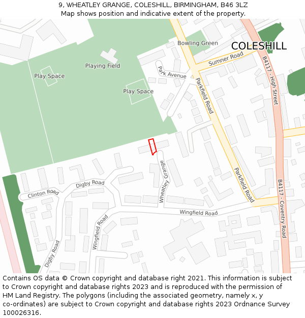 9, WHEATLEY GRANGE, COLESHILL, BIRMINGHAM, B46 3LZ: Location map and indicative extent of plot