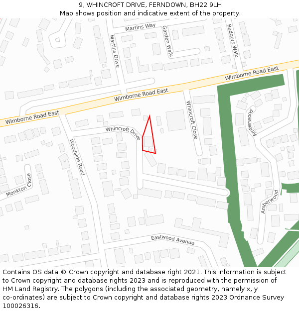 9, WHINCROFT DRIVE, FERNDOWN, BH22 9LH: Location map and indicative extent of plot