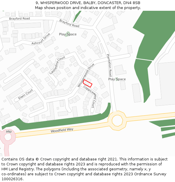 9, WHISPERWOOD DRIVE, BALBY, DONCASTER, DN4 8SB: Location map and indicative extent of plot