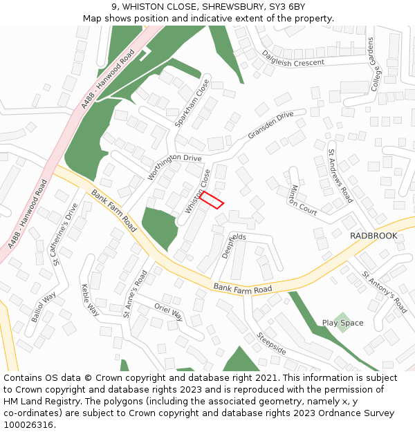 9, WHISTON CLOSE, SHREWSBURY, SY3 6BY: Location map and indicative extent of plot