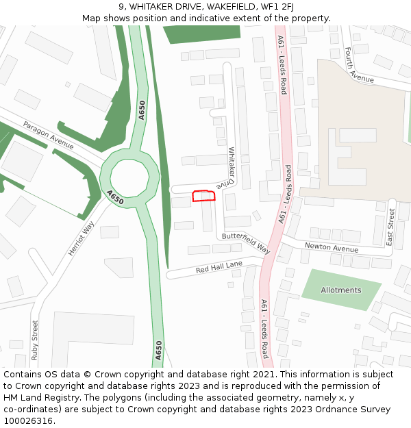 9, WHITAKER DRIVE, WAKEFIELD, WF1 2FJ: Location map and indicative extent of plot