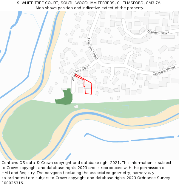 9, WHITE TREE COURT, SOUTH WOODHAM FERRERS, CHELMSFORD, CM3 7AL: Location map and indicative extent of plot