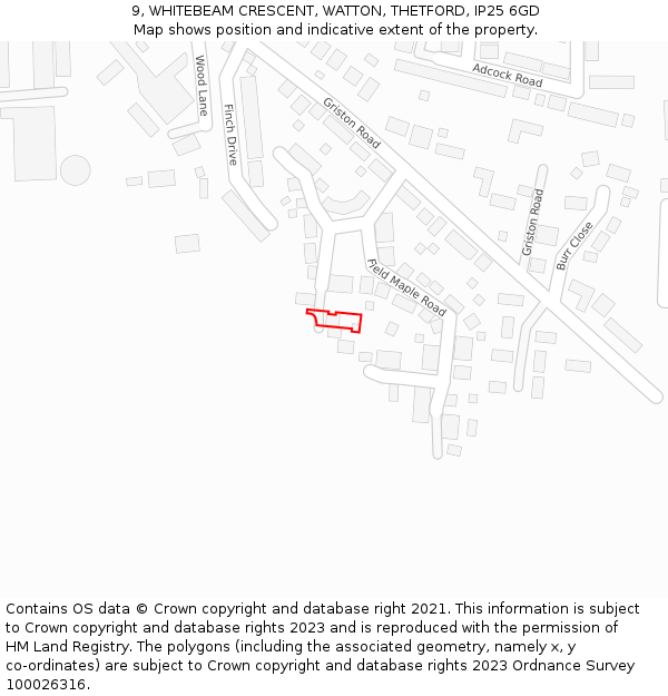 9, WHITEBEAM CRESCENT, WATTON, THETFORD, IP25 6GD: Location map and indicative extent of plot