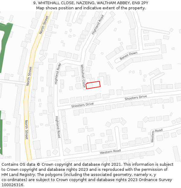 9, WHITEHALL CLOSE, NAZEING, WALTHAM ABBEY, EN9 2PY: Location map and indicative extent of plot