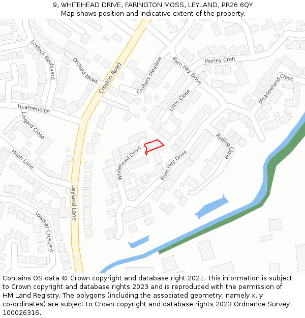 9, WHITEHEAD DRIVE, FARINGTON MOSS, LEYLAND, PR26 6QY: Location map and indicative extent of plot