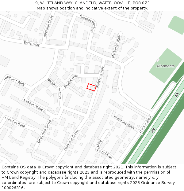 9, WHITELAND WAY, CLANFIELD, WATERLOOVILLE, PO8 0ZF: Location map and indicative extent of plot