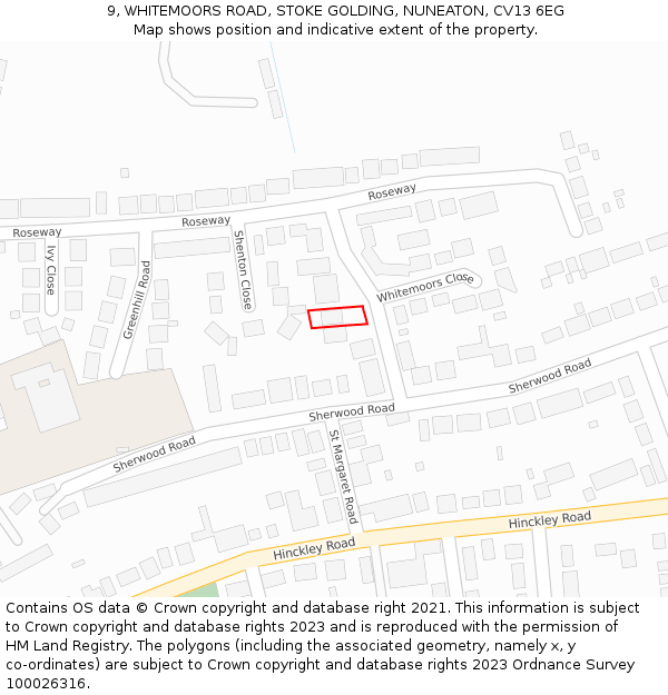 9, WHITEMOORS ROAD, STOKE GOLDING, NUNEATON, CV13 6EG: Location map and indicative extent of plot