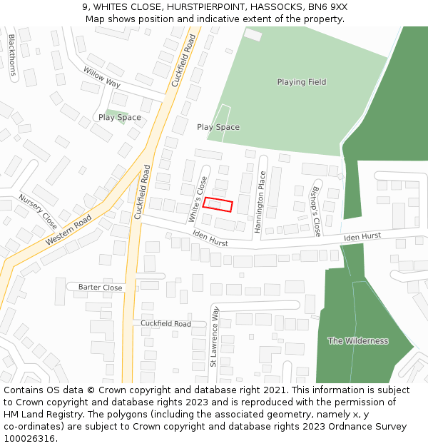 9, WHITES CLOSE, HURSTPIERPOINT, HASSOCKS, BN6 9XX: Location map and indicative extent of plot