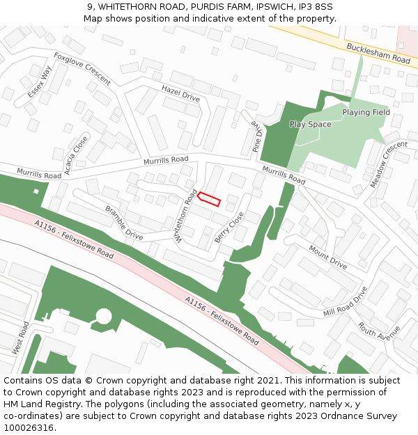 9, WHITETHORN ROAD, PURDIS FARM, IPSWICH, IP3 8SS: Location map and indicative extent of plot