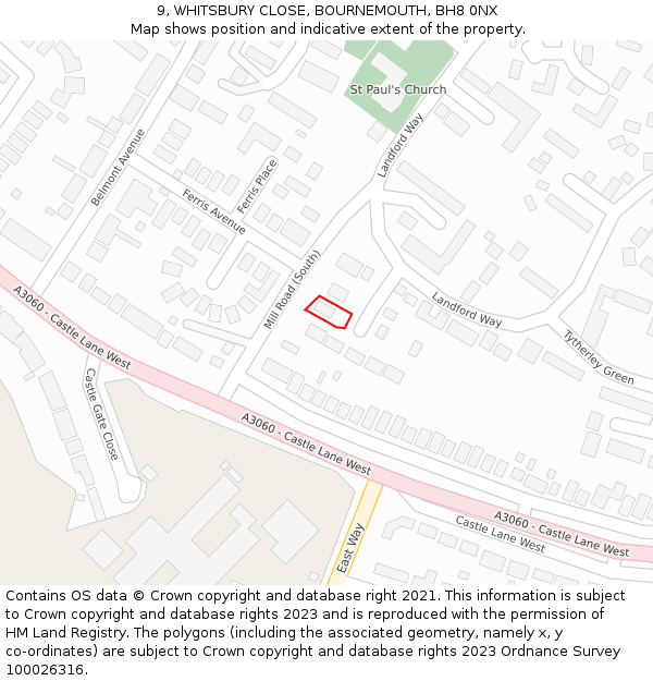 9, WHITSBURY CLOSE, BOURNEMOUTH, BH8 0NX: Location map and indicative extent of plot