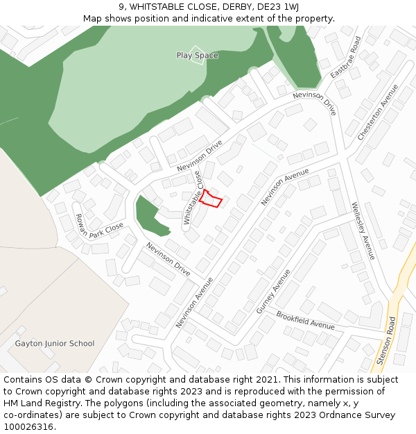 9, WHITSTABLE CLOSE, DERBY, DE23 1WJ: Location map and indicative extent of plot