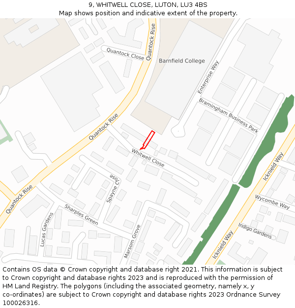 9, WHITWELL CLOSE, LUTON, LU3 4BS: Location map and indicative extent of plot