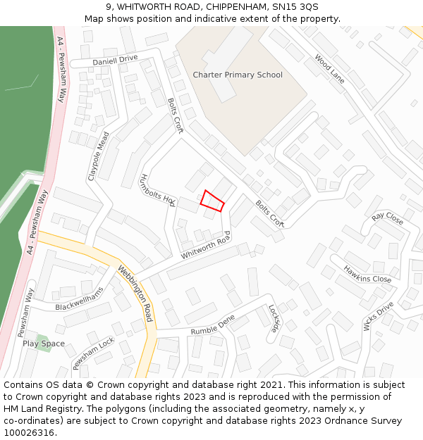 9, WHITWORTH ROAD, CHIPPENHAM, SN15 3QS: Location map and indicative extent of plot