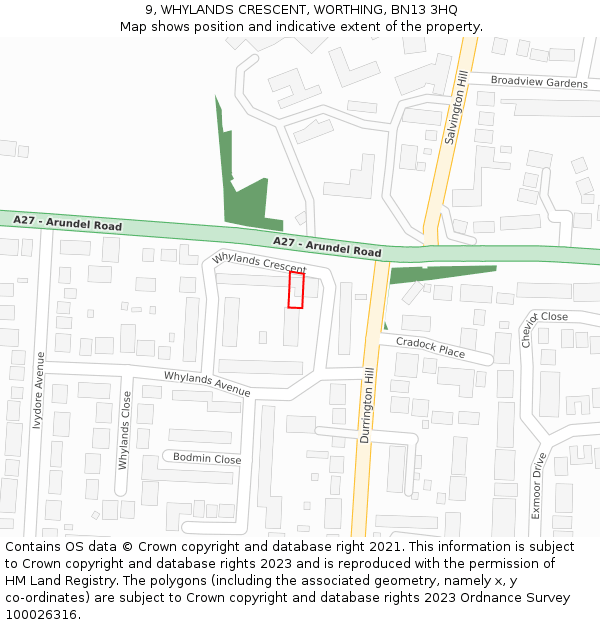 9, WHYLANDS CRESCENT, WORTHING, BN13 3HQ: Location map and indicative extent of plot