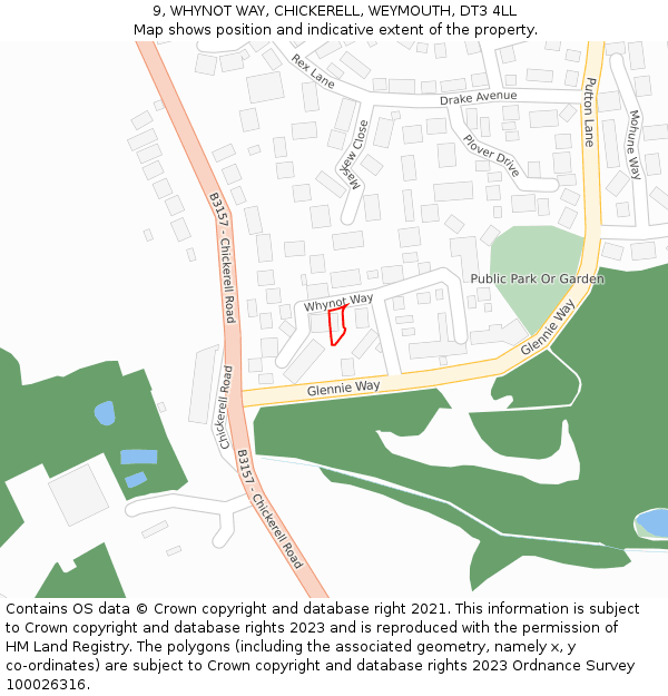 9, WHYNOT WAY, CHICKERELL, WEYMOUTH, DT3 4LL: Location map and indicative extent of plot