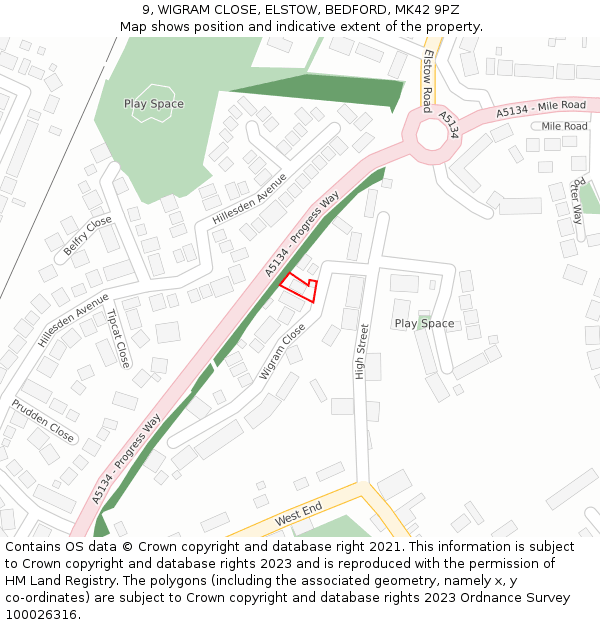 9, WIGRAM CLOSE, ELSTOW, BEDFORD, MK42 9PZ: Location map and indicative extent of plot