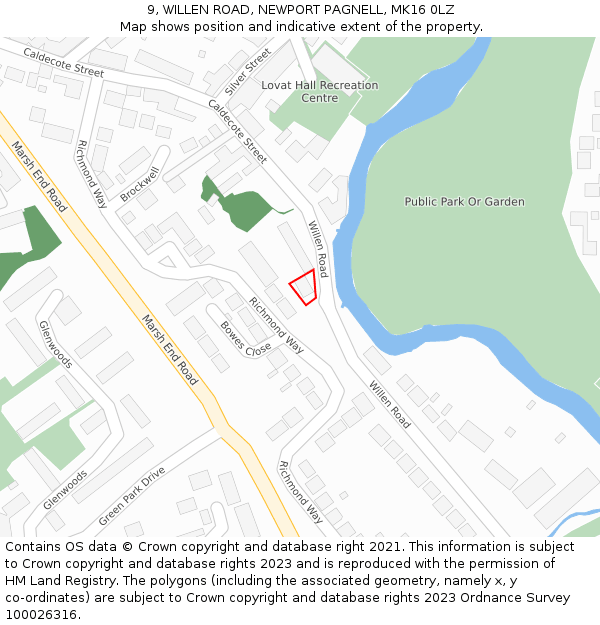 9, WILLEN ROAD, NEWPORT PAGNELL, MK16 0LZ: Location map and indicative extent of plot