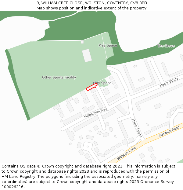 9, WILLIAM CREE CLOSE, WOLSTON, COVENTRY, CV8 3PB: Location map and indicative extent of plot