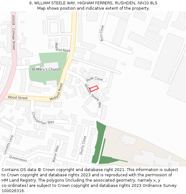 9, WILLIAM STEELE WAY, HIGHAM FERRERS, RUSHDEN, NN10 8LS: Location map and indicative extent of plot