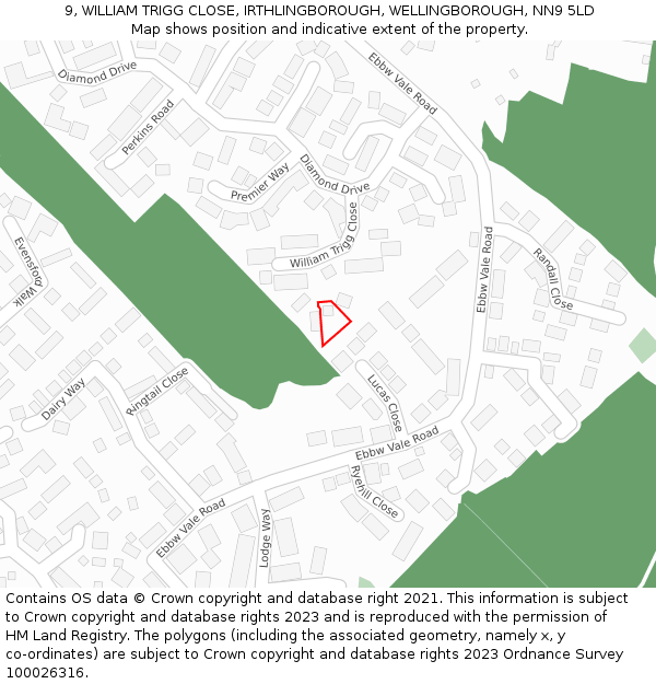 9, WILLIAM TRIGG CLOSE, IRTHLINGBOROUGH, WELLINGBOROUGH, NN9 5LD: Location map and indicative extent of plot