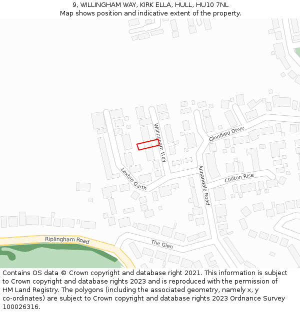 9, WILLINGHAM WAY, KIRK ELLA, HULL, HU10 7NL: Location map and indicative extent of plot